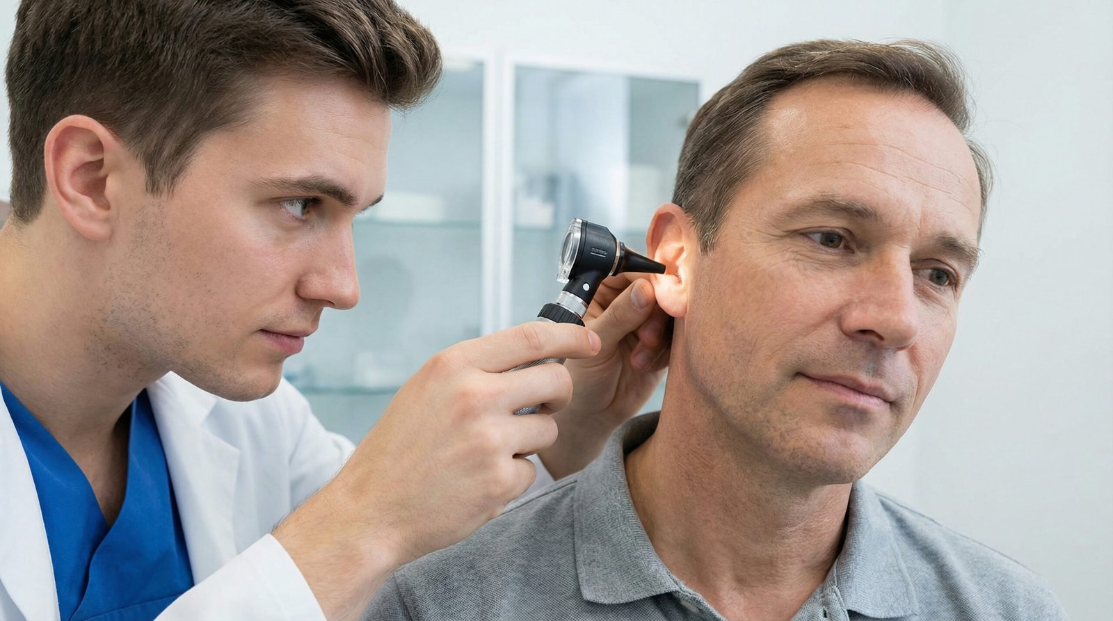 Doctor Examining Patient Ear With Otoscope in Medical Clinic